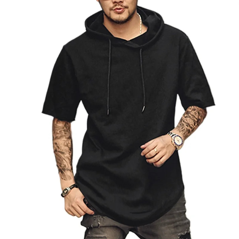 Mens Solid Color Short Sleeved Hoodie T-shirt Loose Hip-hop Curved Hem Side Zipper Casual T-shirt Mens Fashion 250317