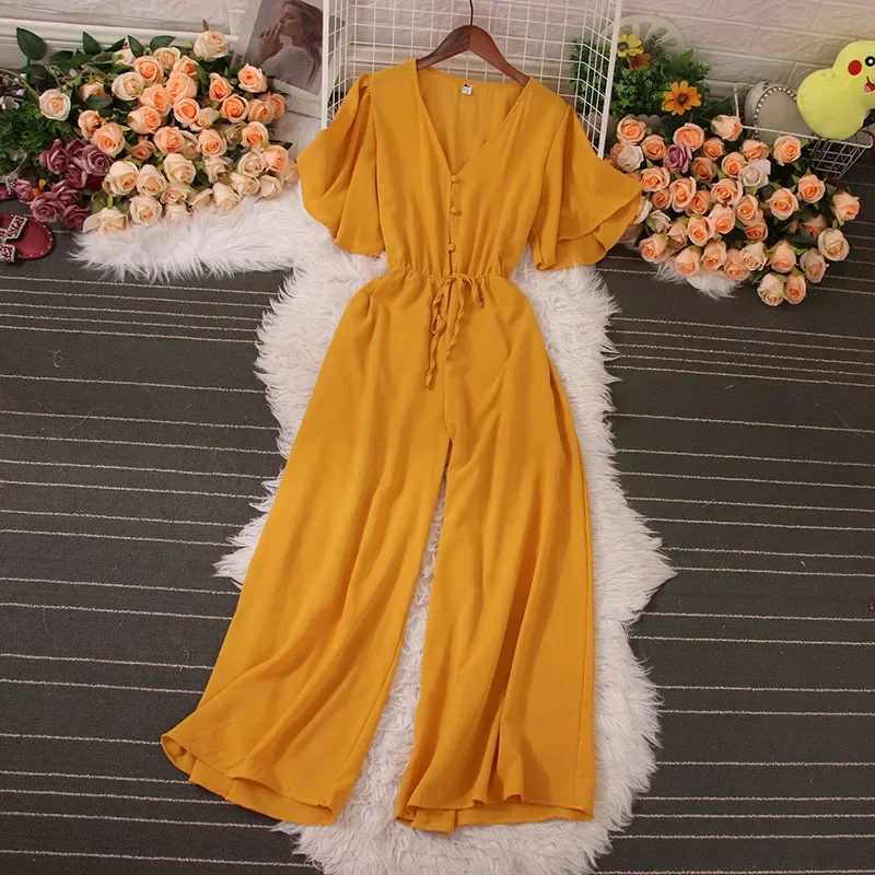 American Women Jumpsuits Fashion V Neck Lace up Loose Wide Legs Pants 2024 New Summer OL Solid Buttons Bodysuits X250318