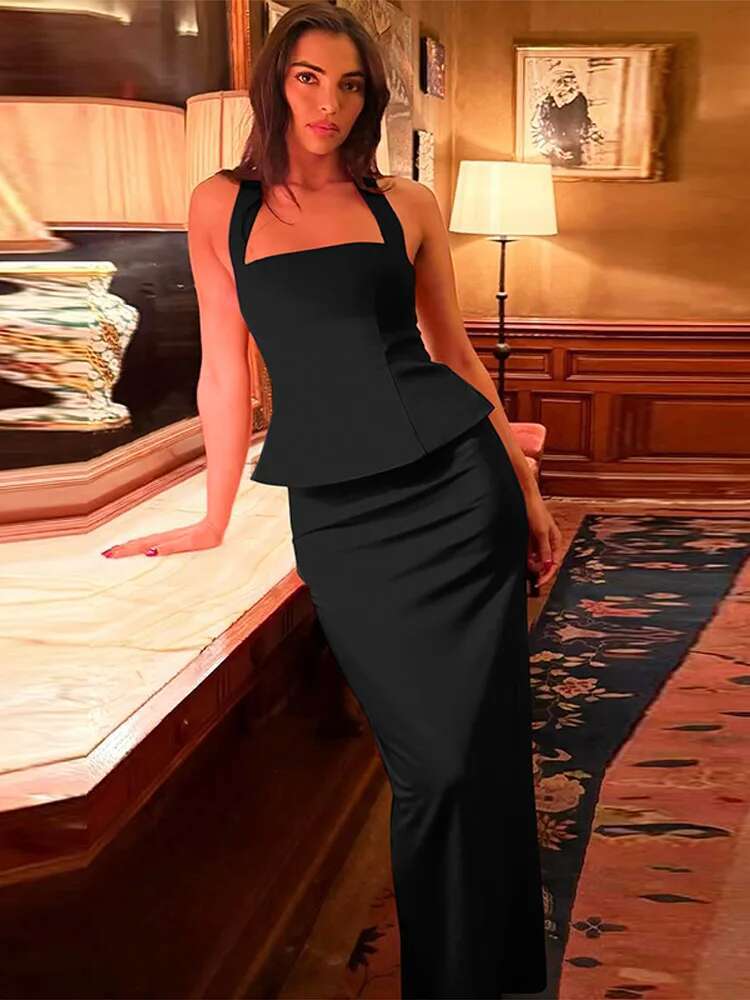 Elegant Halter Vest Skirts Sets Women Sleeveless Backless Ruffle Top Hip Package Split Skirt INS 2025 Spring Summer Party Suits