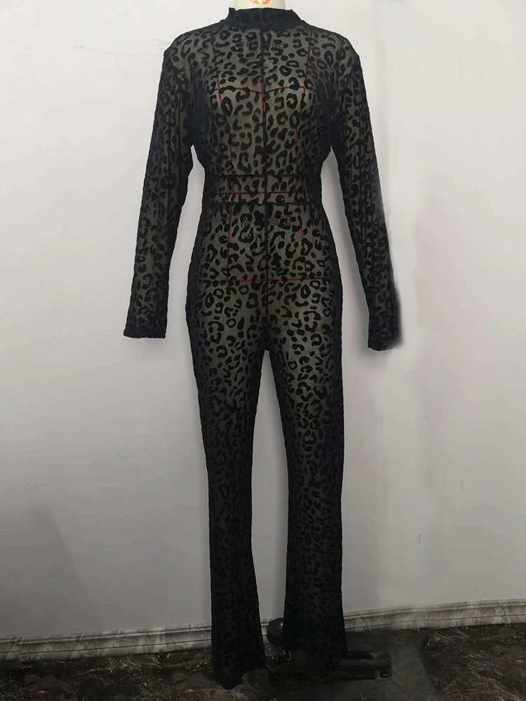 Sibybo Fashion Gauze Jumpsuits Sexy Leopard Print S Through Rompers Casual Basic Long Slves Wide Leg Pants Hot Girl Clothing X250318