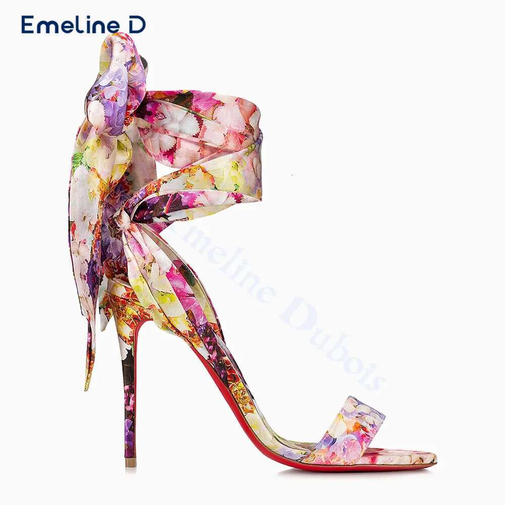 Bright Colorful Wer Print Satin Round Toe One-Strap Stiletto Sexy Sandals Calf Straps Fashionable Women's Shoes