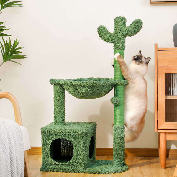 Cactus tree 40 inch tower, large metal carpet hammock, indoor cat scratching post, with apartment and hanging ball, green