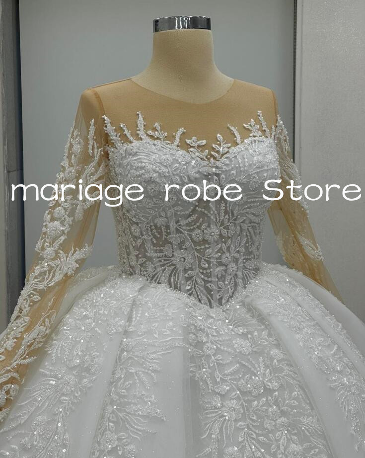 Luxury Sparkly Ball Gown Wedding Dresses Illusion Long Sleeve Shiny Applique Floral Customsized Saudi Garden Bride Gown