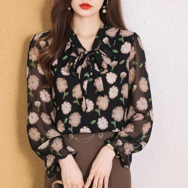 Women Spring Summer Fashion Printing Lacing V-neck Long Sleeve Chiffon Shirts Ladies Elegant Temperament All-match Casual Tops 250318