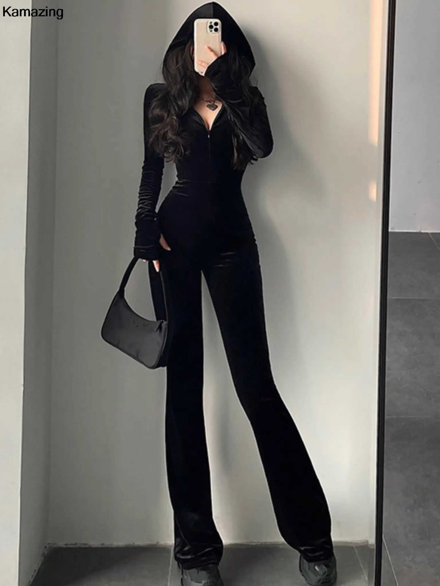 Autumn sexy Bodycon black velvet jumpsuit womens fashionable hoodie zipper flash pants jumpsuit retro Y2k Strtwear winter set X250318