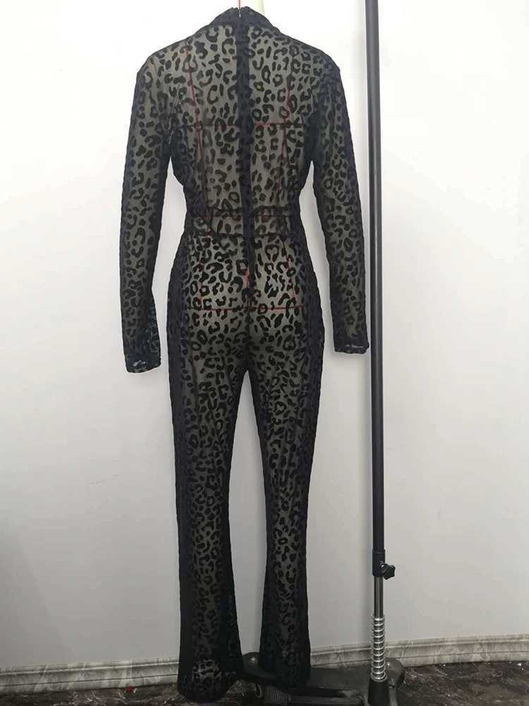 Sibybo Fashion Gauze Jumpsuits Sexy Leopard Print S Through Rompers Casual Basic Long Slves Wide Leg Pants Hot Girl Clothing X250318