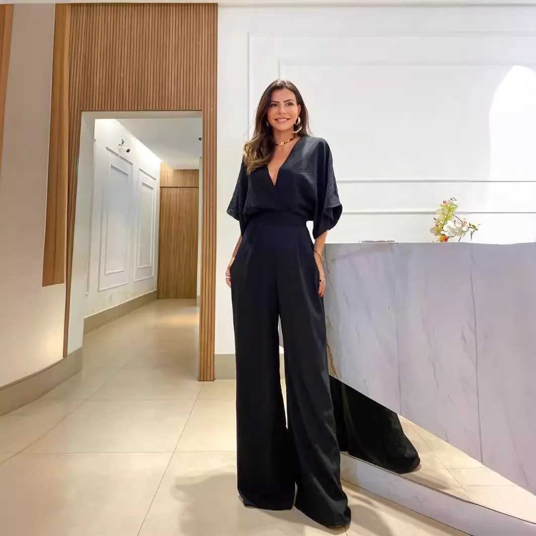 Womens jumpsuit wide leg pants V-neck one-piece splicing full length Slve solid waistband high Strt loose fit X250318