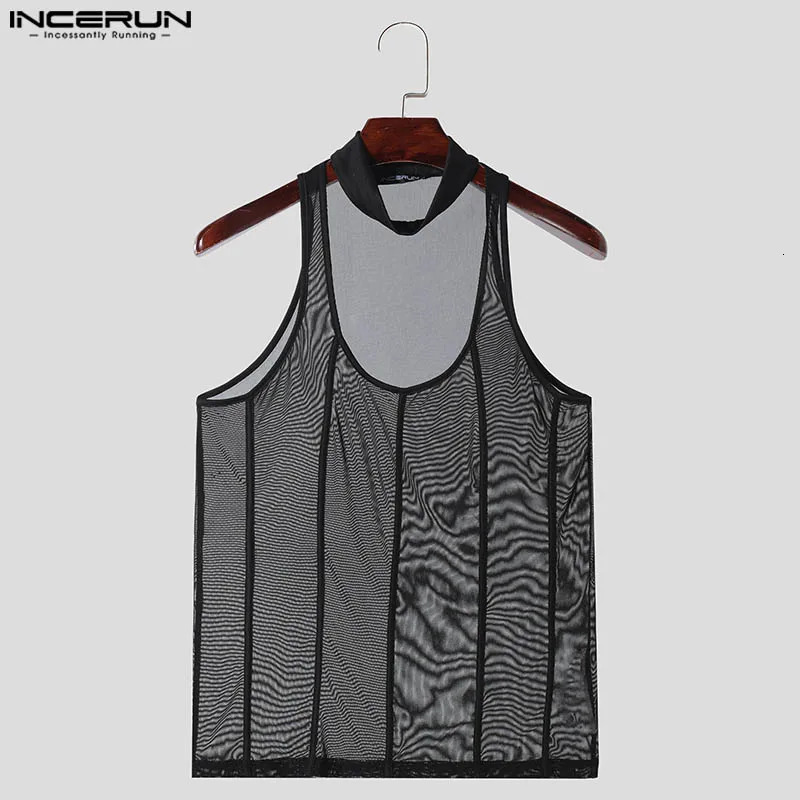 INCERUN Men Tank Tops Mesh Transparent Summer Sleeveless Sexy Male Vests Streetwear 2024 Solid Fashion Party Skinny Clothing 250314Z