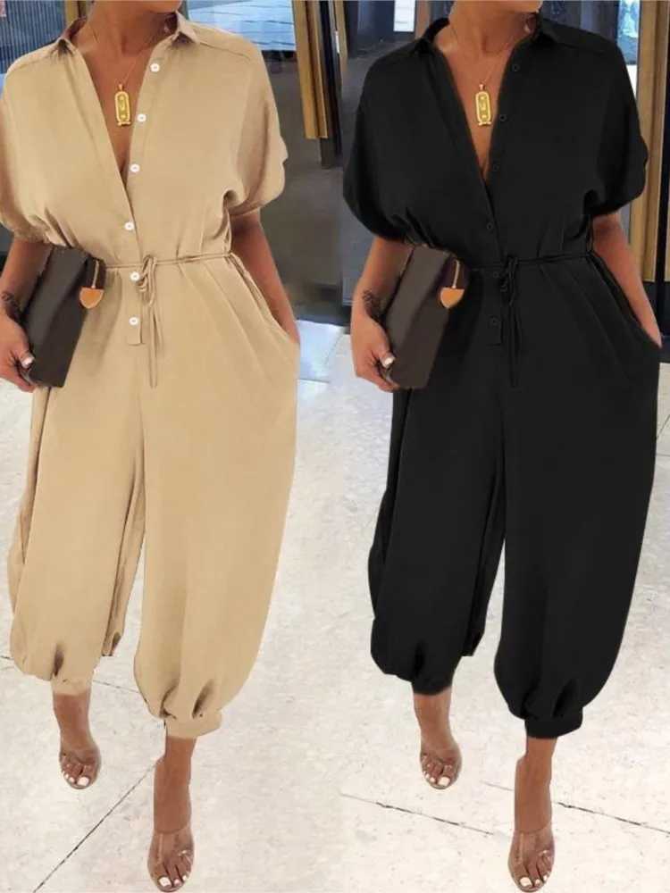 Womens Spring/Summer New Leopard print jumpsuit Retro Womens Short Slip Button Casual Pants Loose Large Size X250318