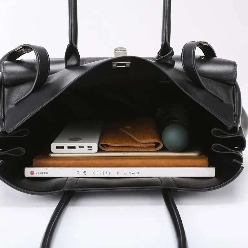 Meet You Design Large Capacity Black Pu Leather Tote Ladies Multi-Pocket Shoulder Bag Office Lady Commuter Handbag