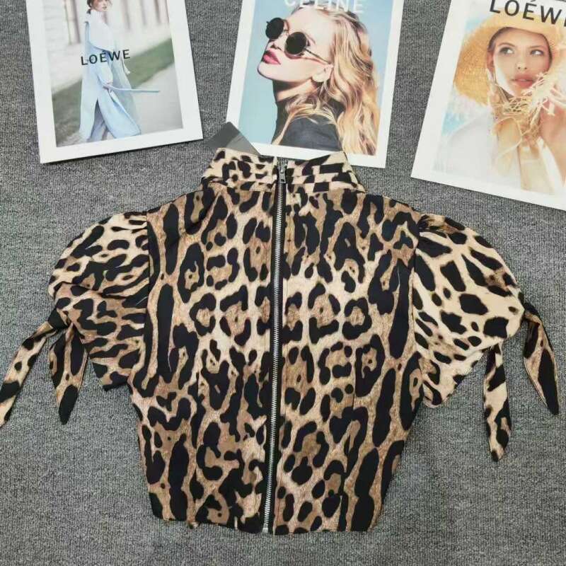 2024 Summer New Animal Pattern Knot Decoration Short Sleeve Top Round Neck Strap Up Shirt