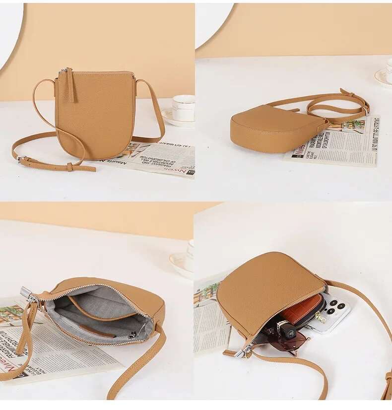 2024 New Casual Genuine Leather Women Cell Phone Bag Mini Shoulder Bags Solid Pocket Wallets Female Coin Case Small Purses Brown