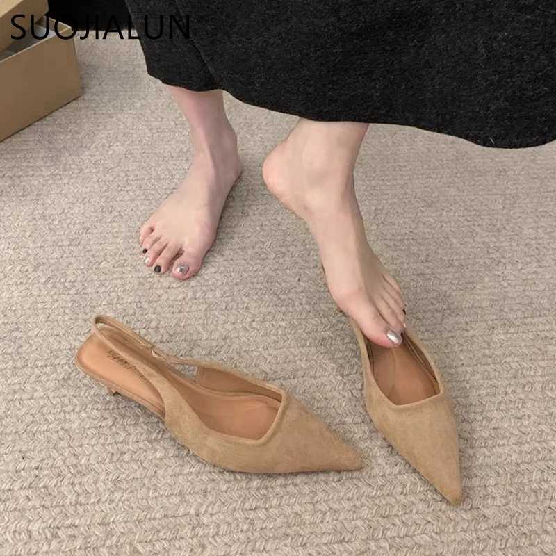 SUOJIALUN 2024 Spring New Style Sandals Fi Dot Toe Shallow Slip Dress Mes Shoes Thin High Heels Elastic Back Sandals Y250317