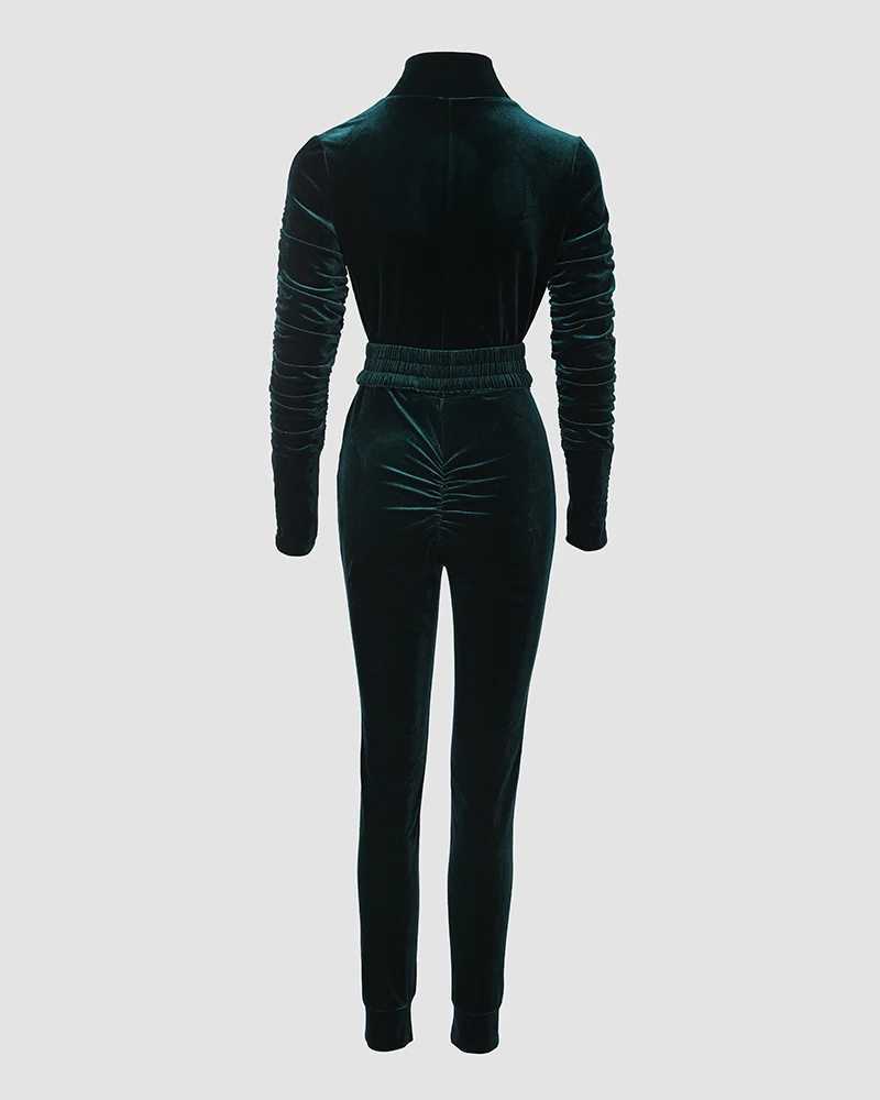 Zipper Design Ruched Long Sleeve Velvet Jumpsuit With Elastic Waistbelt X250318