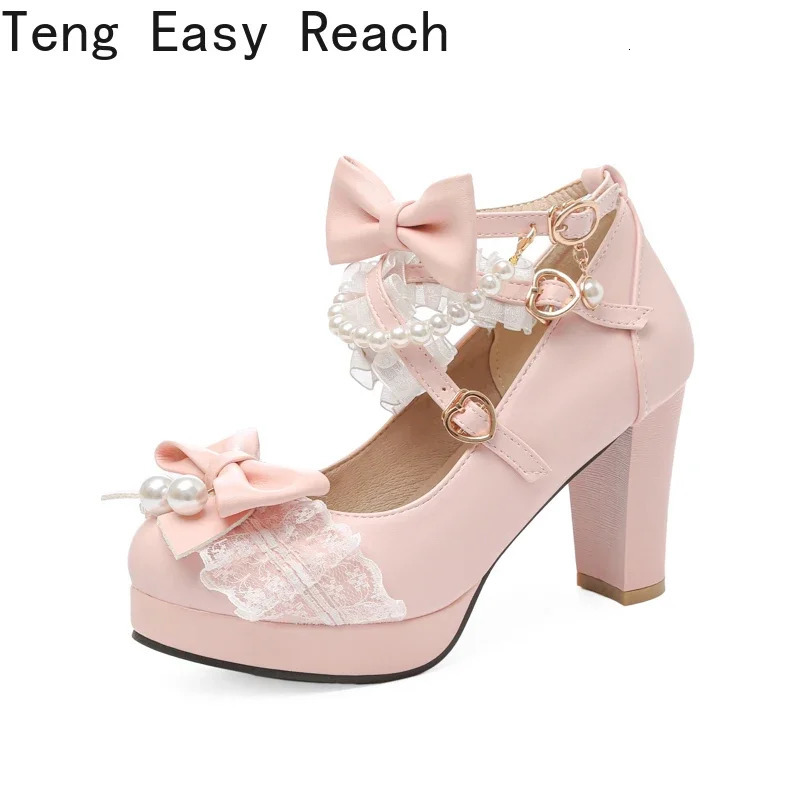 Cross Strap Women High Heels Mary Jane Pumps Party Wedding Cosplay White Pink Black Strawberry Bow Princess Cosplay Lolita Shoes 250318