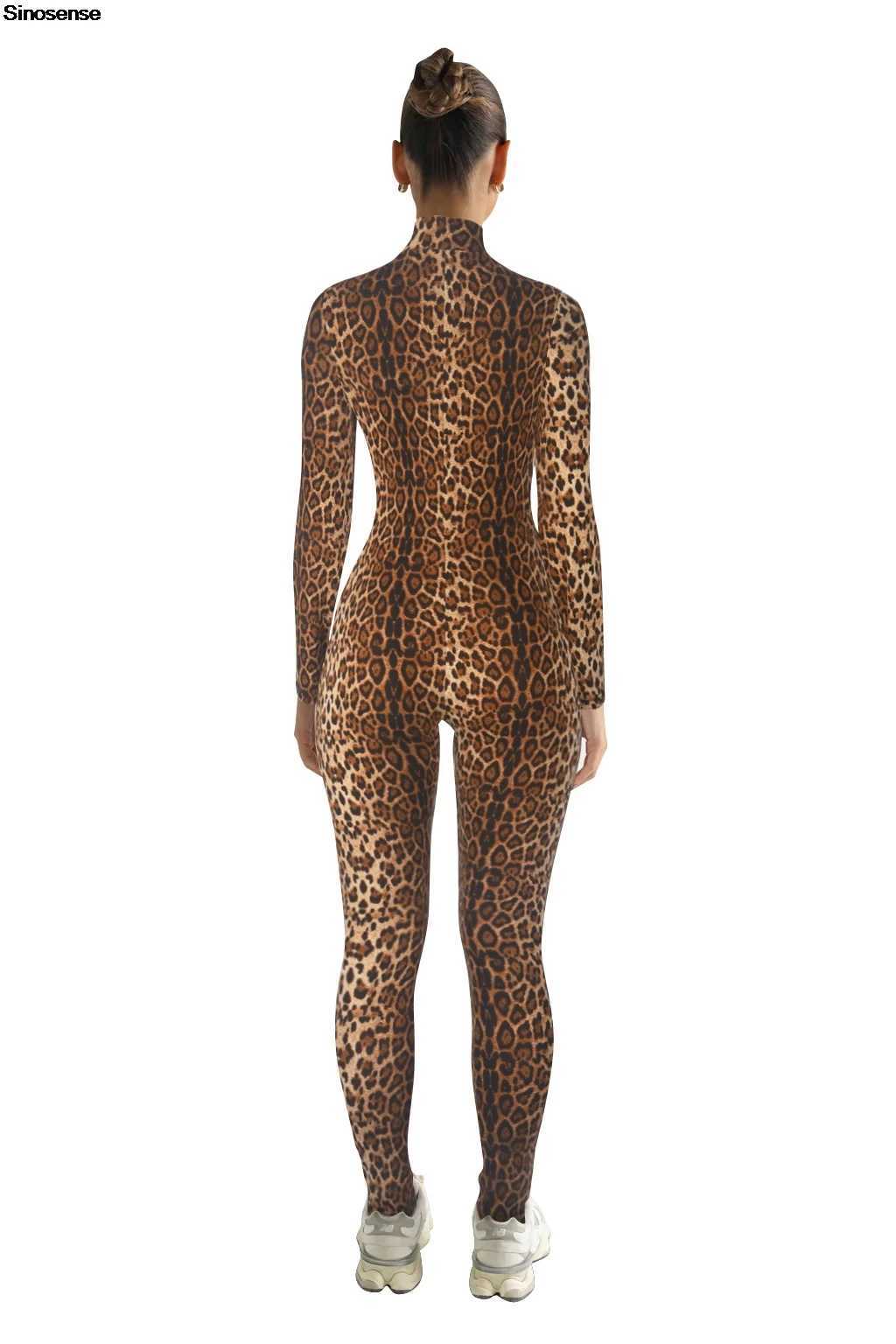 Womens Leopard Print One Piece Workout Jumpsuits Mock Neck Long Sleeve Zip Up Zip Up Romper Sexy Night Out Club Party Outfits X250318