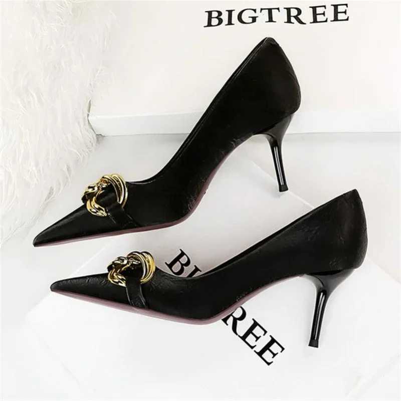 Bigtree Wens Fi Nude Metal Buckle Pump High-H Sexy Party Stiletto Shoes H Off Spring Shoes Large Size 42 43 Y250317