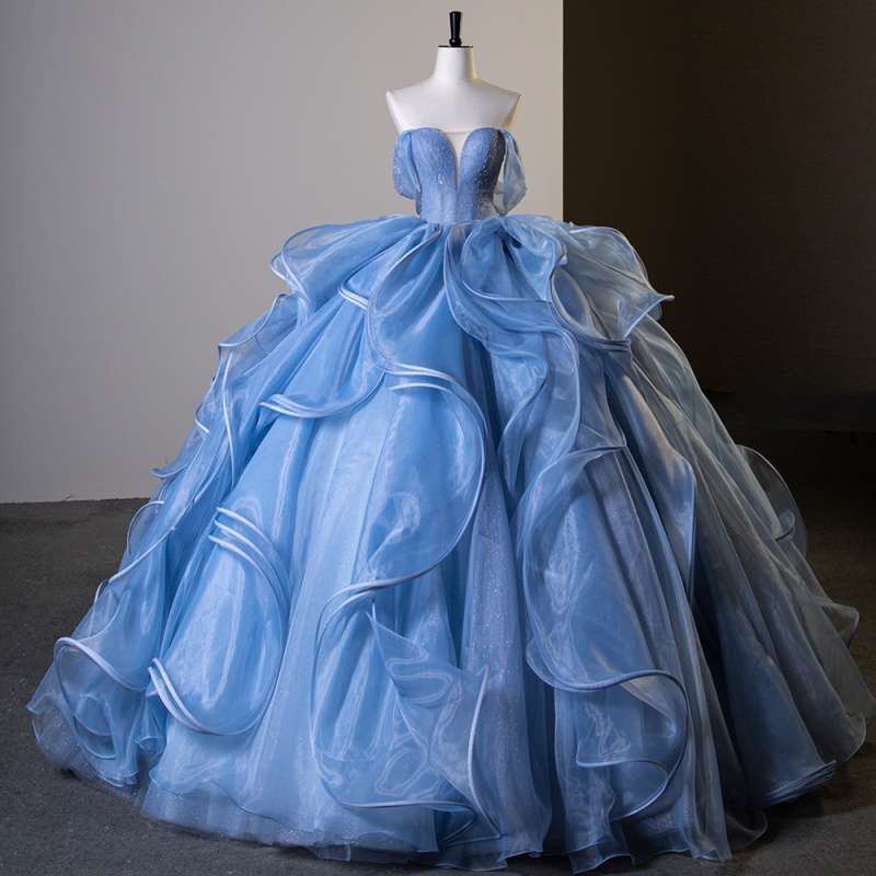 Blue Shiny Princess Ball Gown Quinceanera Dresses Crystals Beading Tull Tiered Sweet 16 Dress vestidos de 15 anos