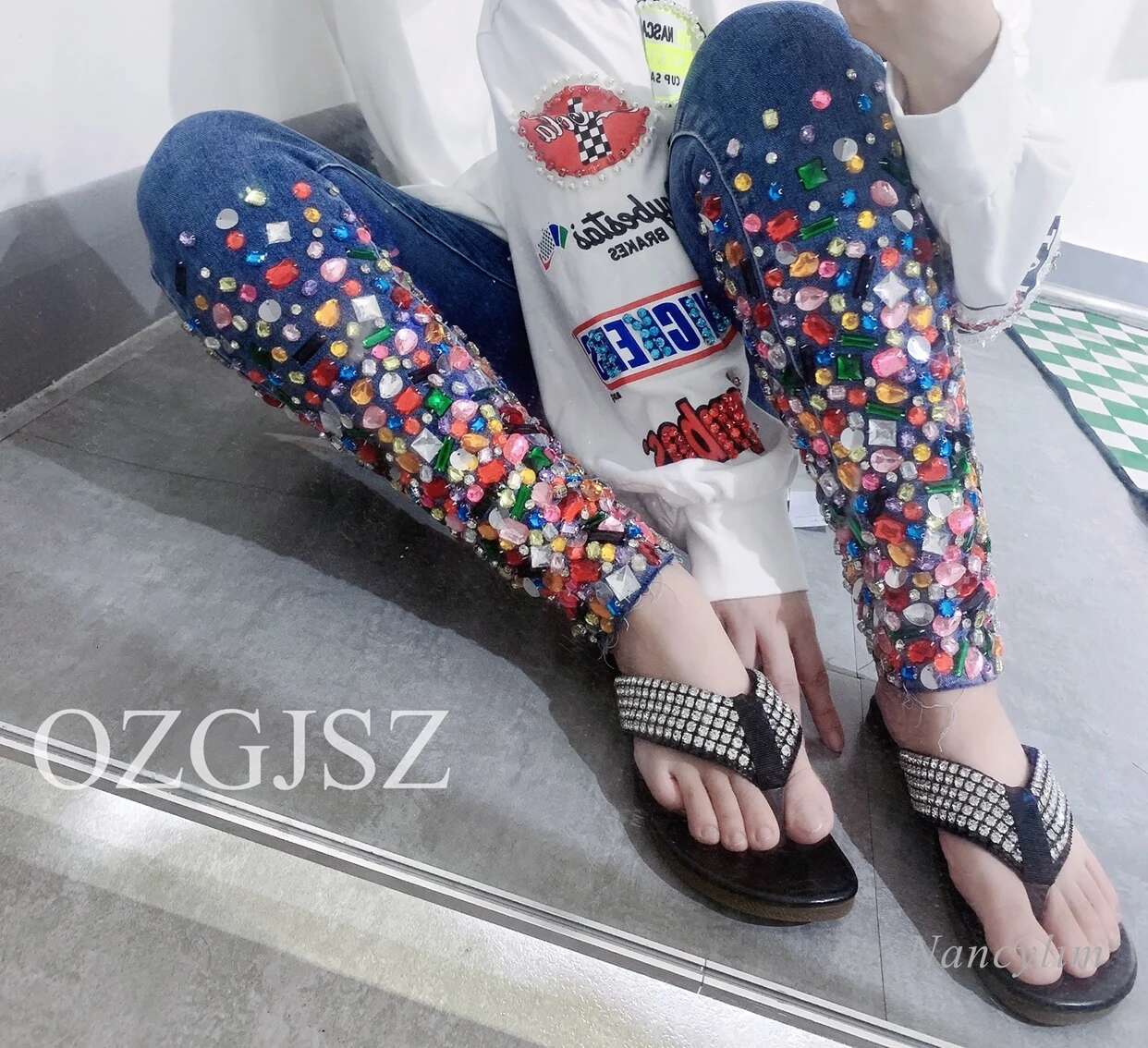European Fashion Blue Women Heavy Industry Color Dia Design Comfortable Soft Stretch Skinny Jeans Denim Pants