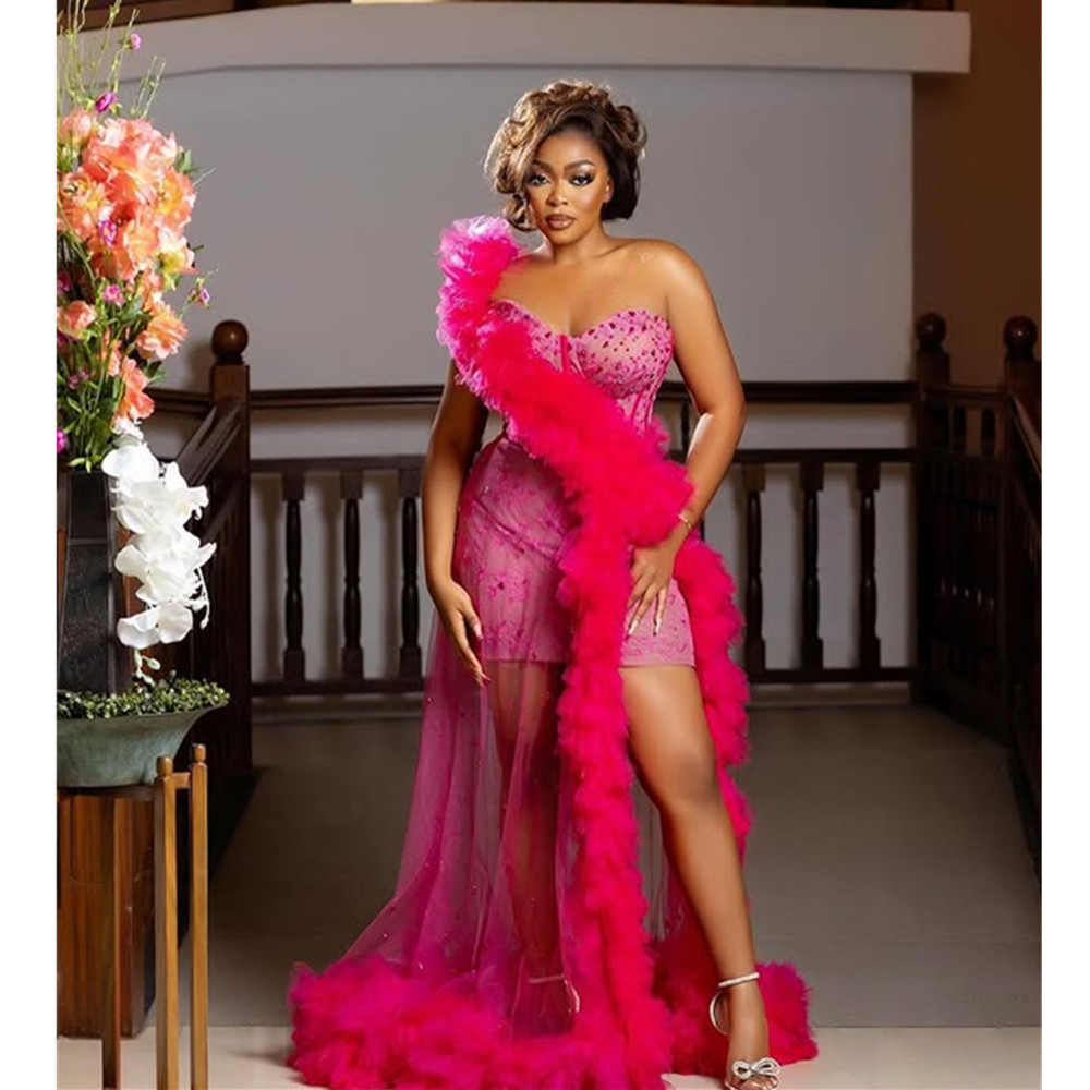 Fuchsia Cocktail Evening Dresses Beaded Appliques Mini Weddings Reception Gown Tulle Black Girls Short Homecoming Prom Dress