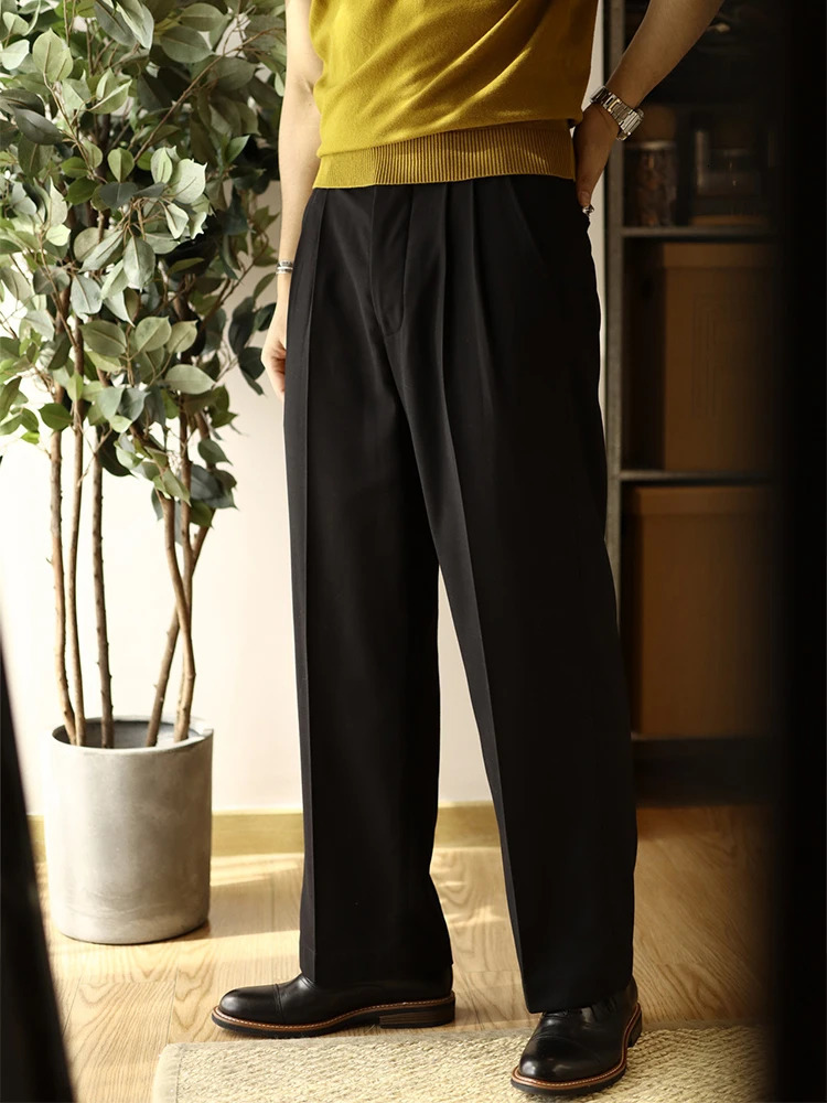 Spring Trendy Mens Trousers Solid Color Pleated Loose Straight Pants Men Leisure Breathable Suit Trousers Mens Clothing 250317
