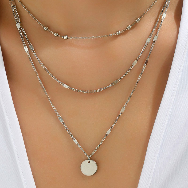 Three Layer Round Piece Pendant Necklace Women Europe And America Simple Clavicle Chain Necklace