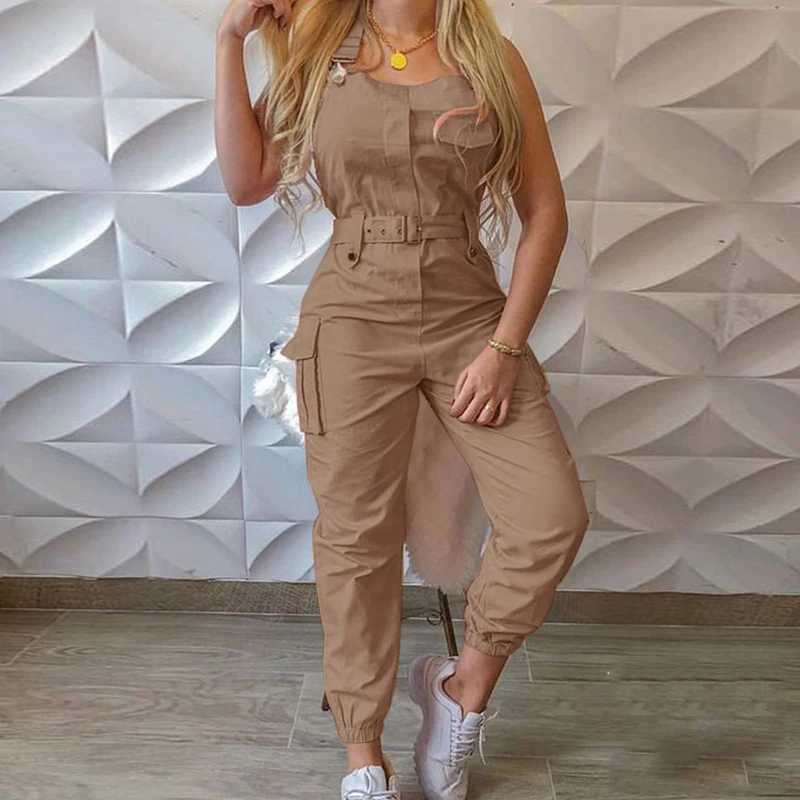 2024 Yellow Jumpsuits Women Casual Cargo Playsuit Slveless O Neck Jumpsuit With Pocket Belt Elegant Pencil Pants Slim Overalls X250318