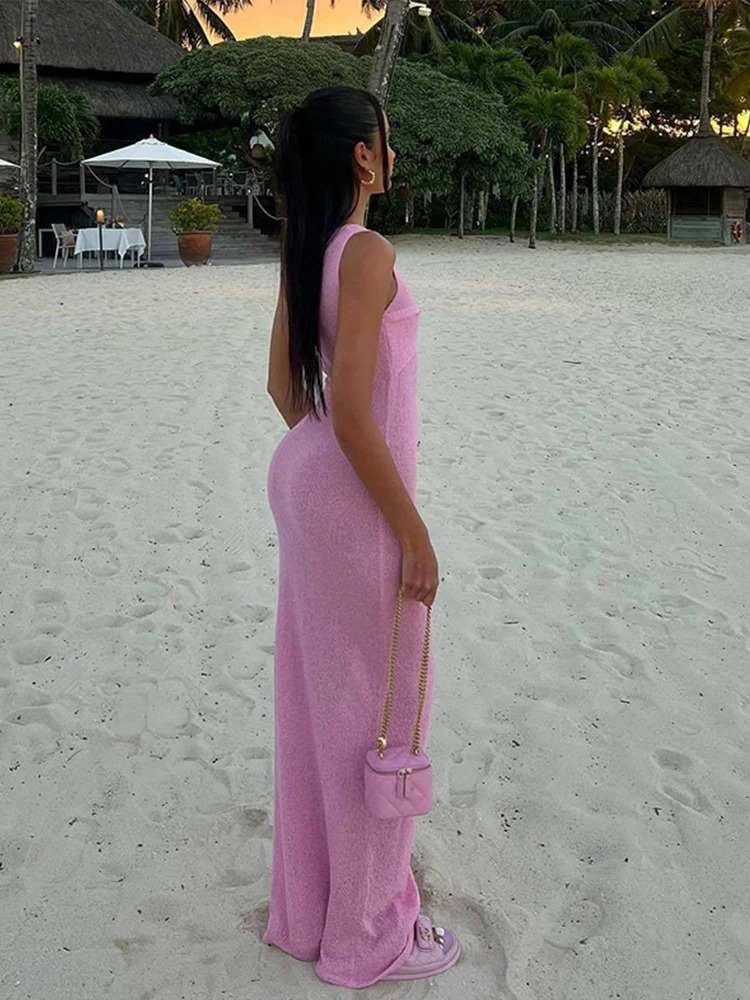 Knitted Sleeveless See Through Dress Women O-neck Slim Sexy Beach Maxi Dresses 2025 Summer White Hip Package Party Beachwear 250318