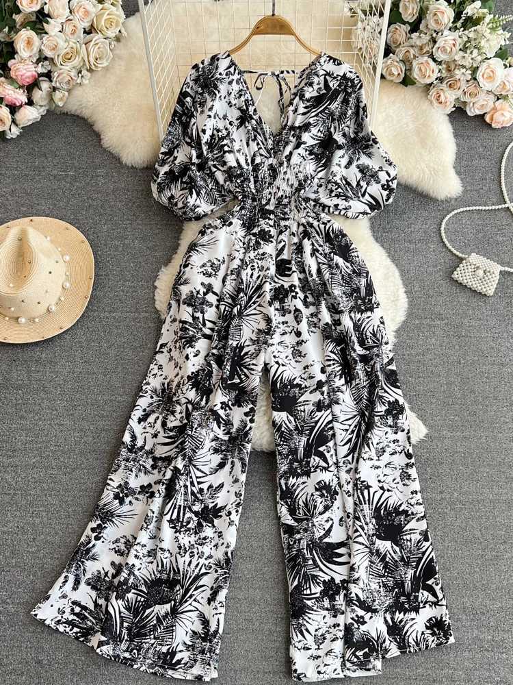 Summer Womens Sexy V-neck Puff Slve Printed Womens jumpsuit Black/Red/Blue/Yellow Wide Leg jumpsuit Resort Beach New Fashion X2503181