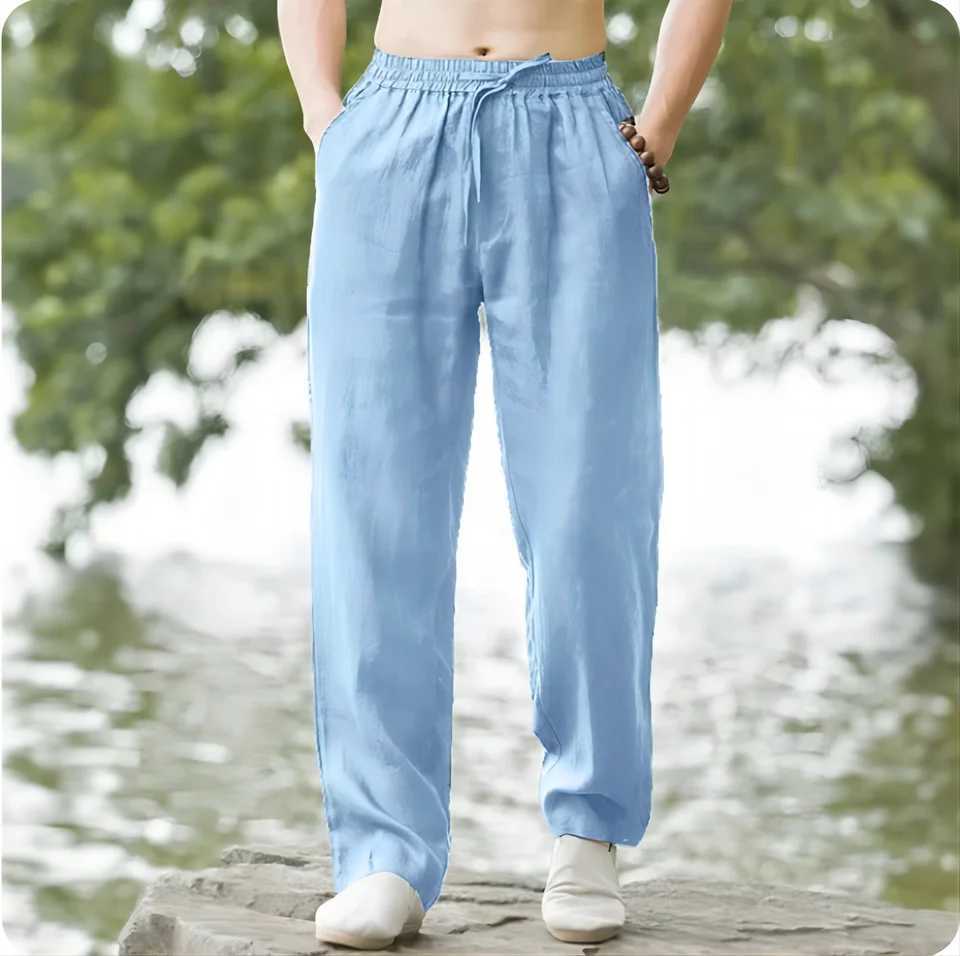 New 2025 Mens Cotton Linen Pants Loose Autumn Casual Pants Mens Breathable Solid Color Trolley Jogging Yoga Pants 4XL W250318