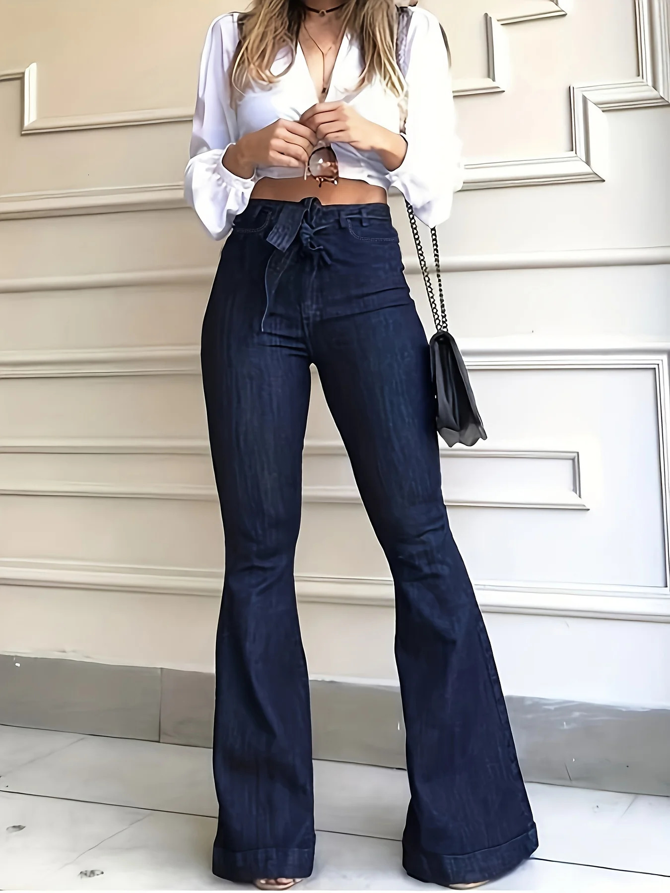 Navy Blue Flared Jeans Autumn High Stretch with Belt Bell Bottom Wide Leg Womens Denim and Clothing 250317