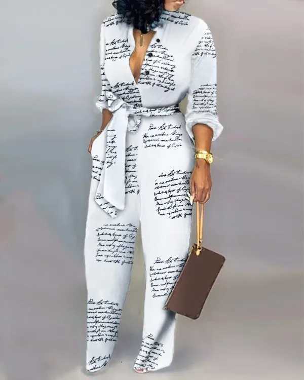 Harajuku Fashion Casual Newspaper Printing Integrated Pants Loose Collar Long Sleeve Womens Shirt Pants 2021 Plus Size jumpsuit Womens X250318
