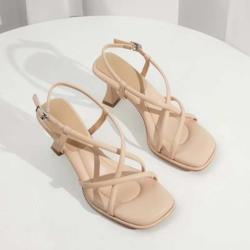 Summer Simple Square Headed Slim Strap Thick Heel Sandals for Women Straight Toe Open Toe Sandals for Women 250318