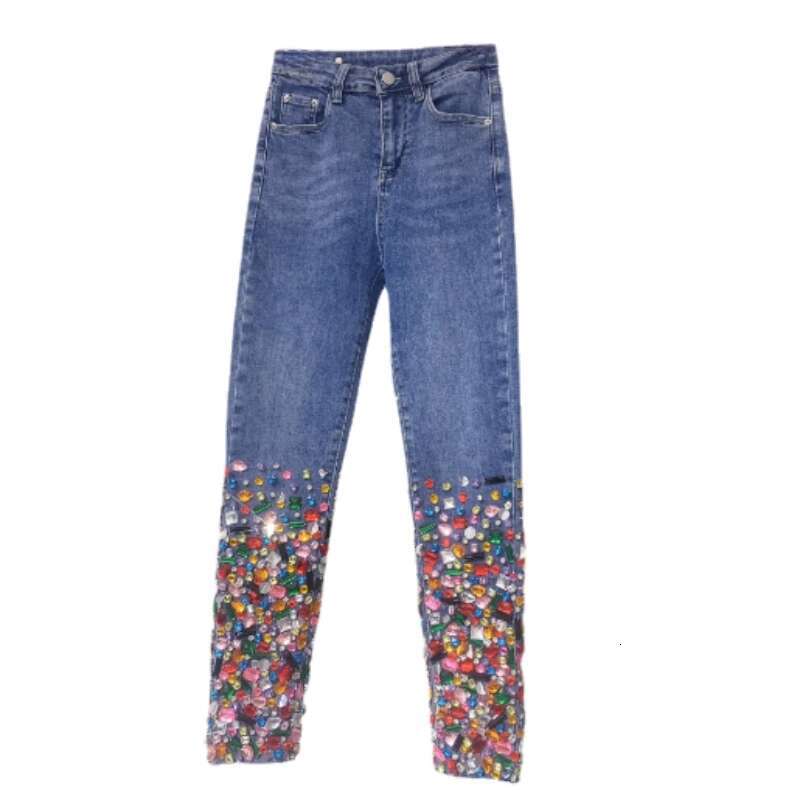 European Fashion Blue Women Heavy Industry Color Dia Design Comfortable Soft Stretch Skinny Jeans Denim Pants