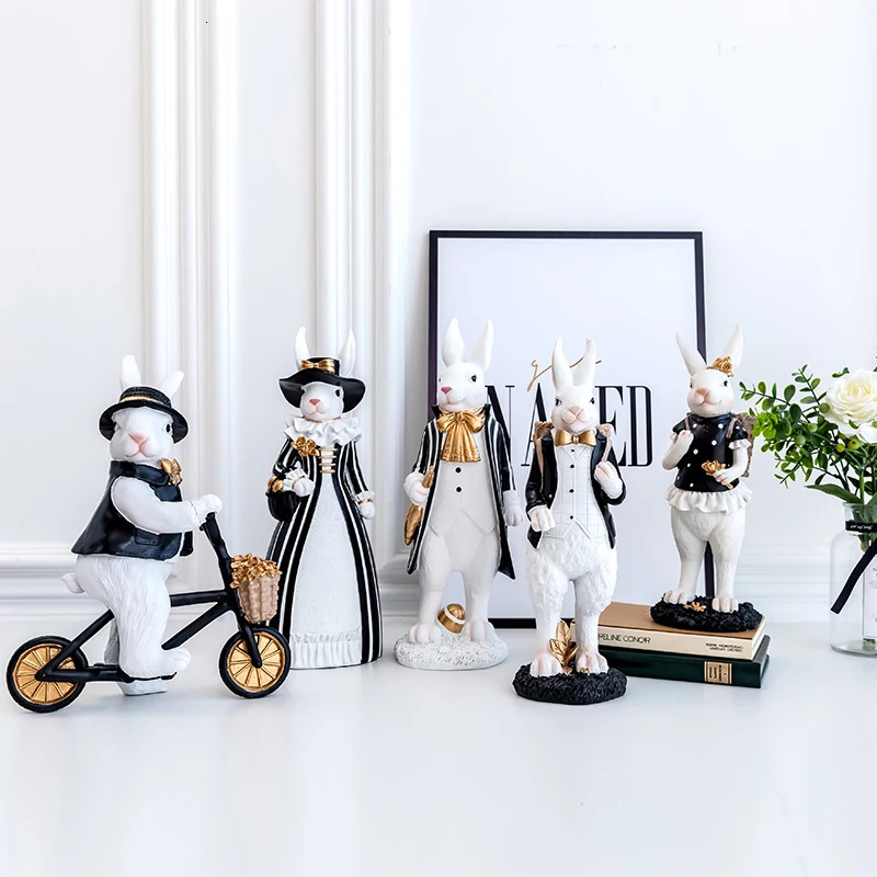 Pastoral rabbit family decoration bedroom living room porch home ornaments black gold Easter bunny resin crafts 250317
