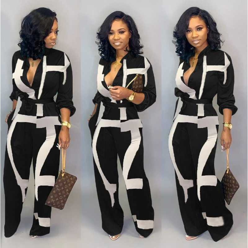Harajuku Fashion Casual Newspaper Printing Integrated Pants Loose Collar Long Sleeve Womens Shirt Pants 2021 Plus Size jumpsuit Womens X250318