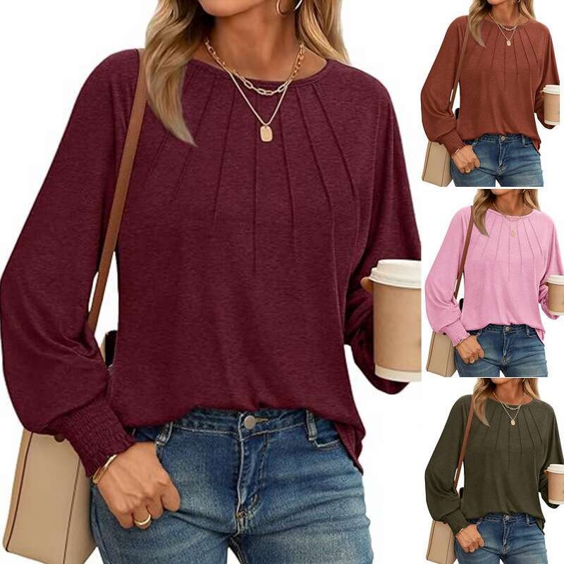 autumn winter popular European American women's round neck pleated long sleeved casual top T-shirt 2025 new style chic and elegant clothing