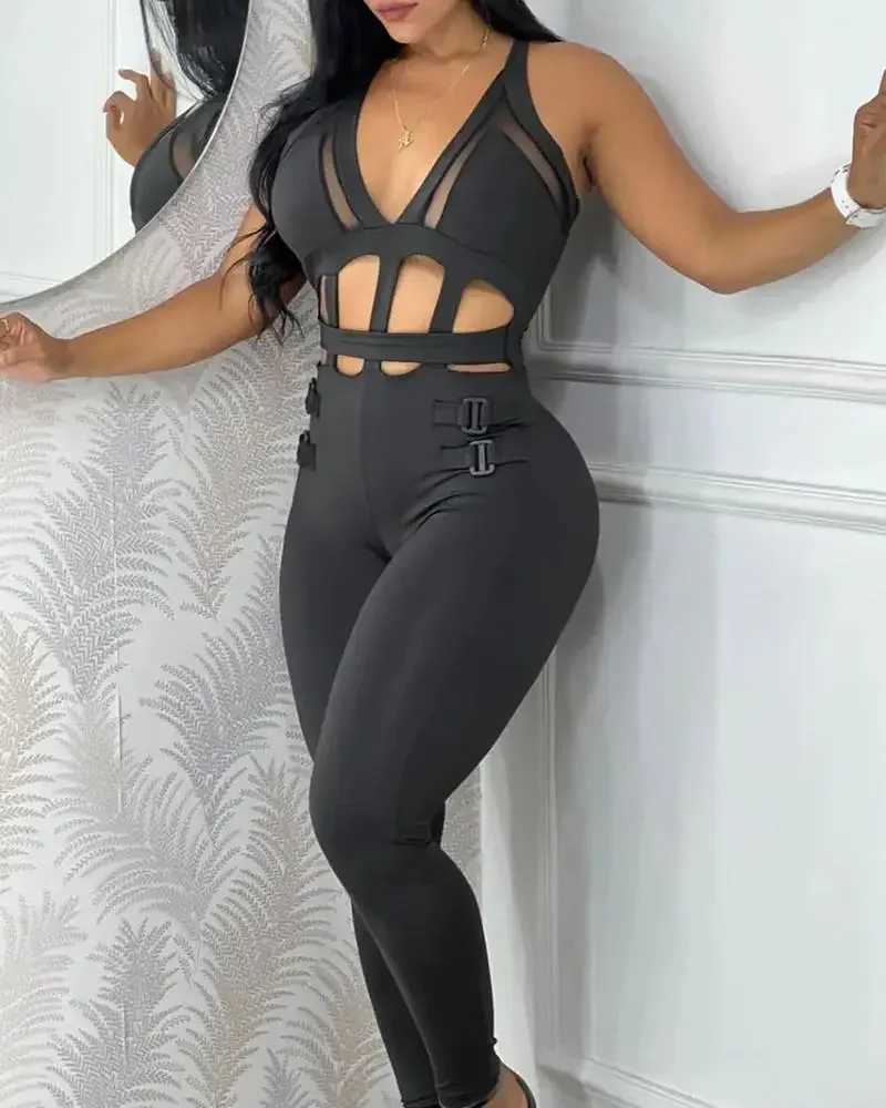 Womens spring and summer jumpsuit sleeveless new print white waist hollow shoulder strap fastened jumpsuit X250318