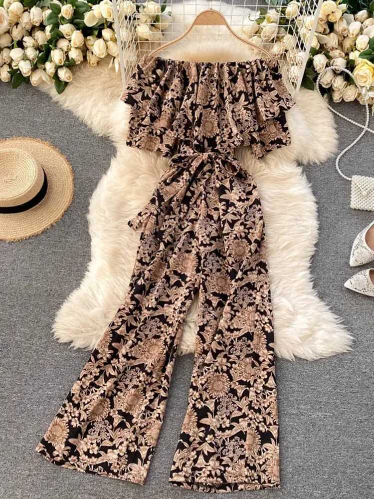 Summer leak neck ruffled sexy holiday style floral jumpsuit fashionable wide leg pants UK705 X2503181