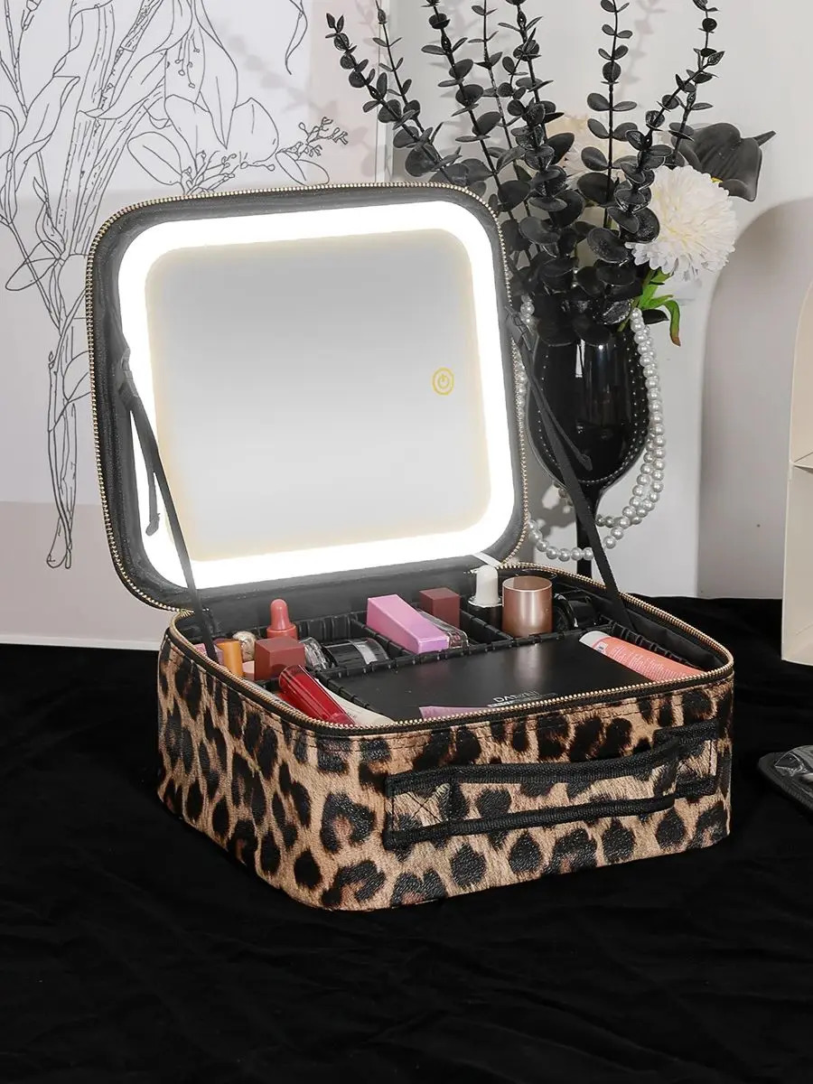 Makeup Bag with Mirror and Lights 3 Colors Dimmable LED Make up Case Cosmetic Organizer Accessories Makeup Train Case LEOPARD 250314