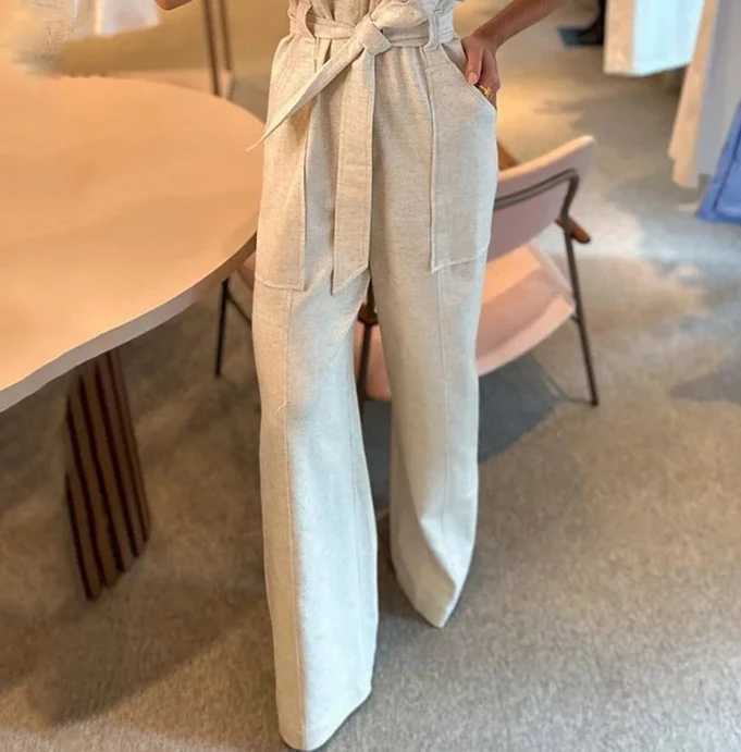 Womens Autumn Fashion Neck V-neck Strapless Waist Strap Wide Leg Pants X250318
