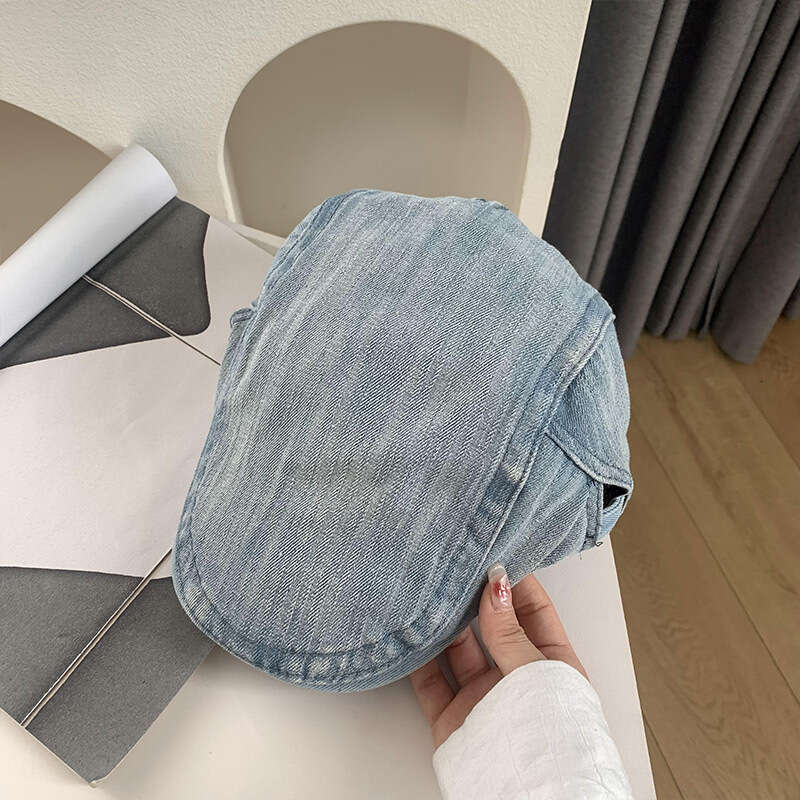 Washed denim forward women's Korean version big head circumference showing face small beret British style artistic hat