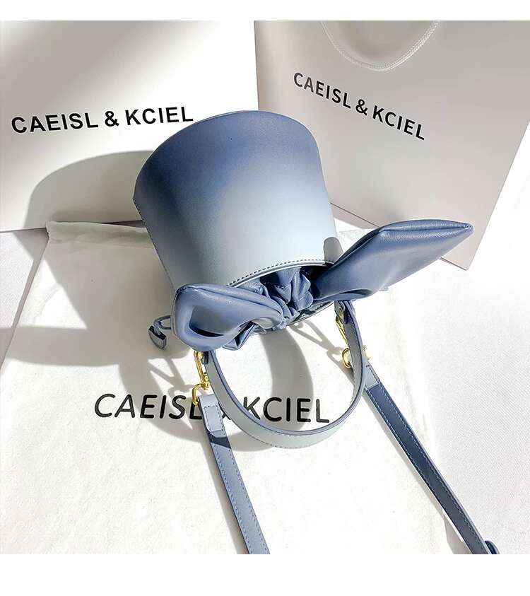 Fashion Rabbit Ears Textured Leather Gradient Blue Bucket Women's Handbag Lady Purse Female Shoulder Messenger Bag