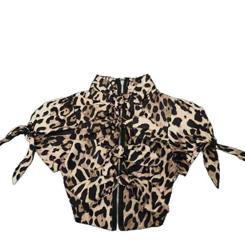 2024 Summer New Animal Pattern Knot Decoration Short Sleeve Top Round Neck Strap Up Shirt