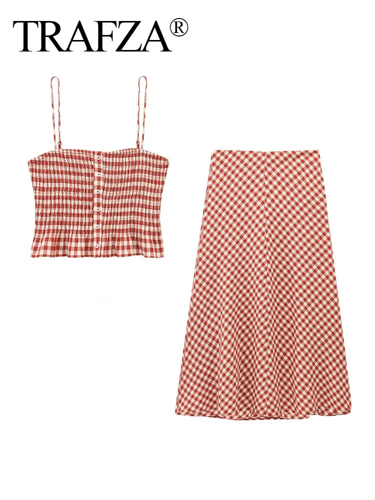 TRAFZA 2025 Female Sweet Causal Plaid Suit Suspender Button Decorative TopsA-line High Waist Mid-length Skirt Spring Chic Set 250318
