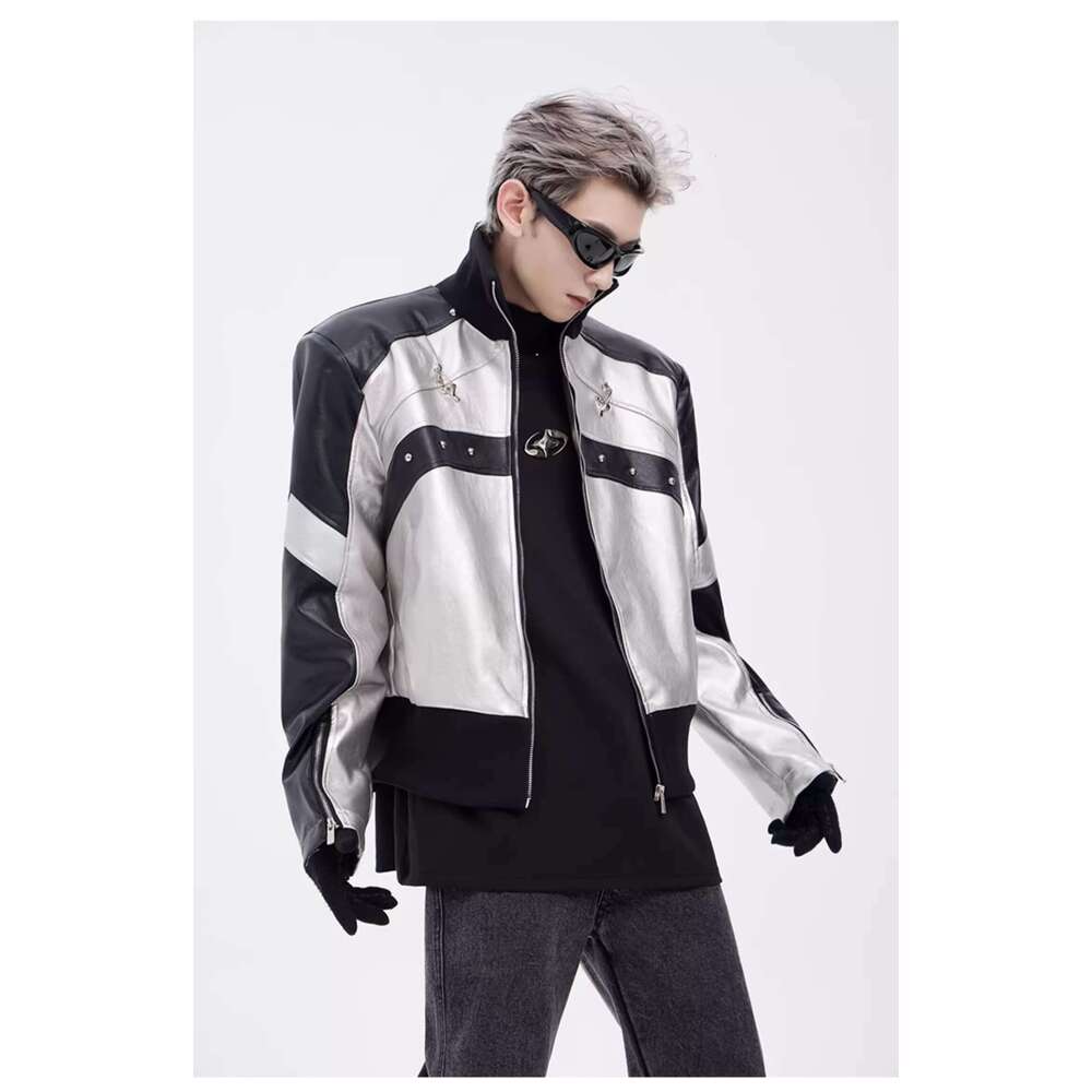 Men's Clothing Short Standing Collar Motorcycle Jacket For Men In Autumn, American Style Metal Buckle, Men's Rugged And Handsome Shoulder Pa