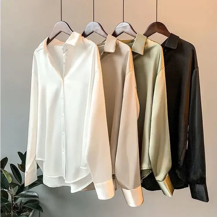 Silk Shantung Womens Long Sleeve Shirt Drapey Vintage n Unique Hong Kong Style Versatile Top Button up Casual Fashion 250318