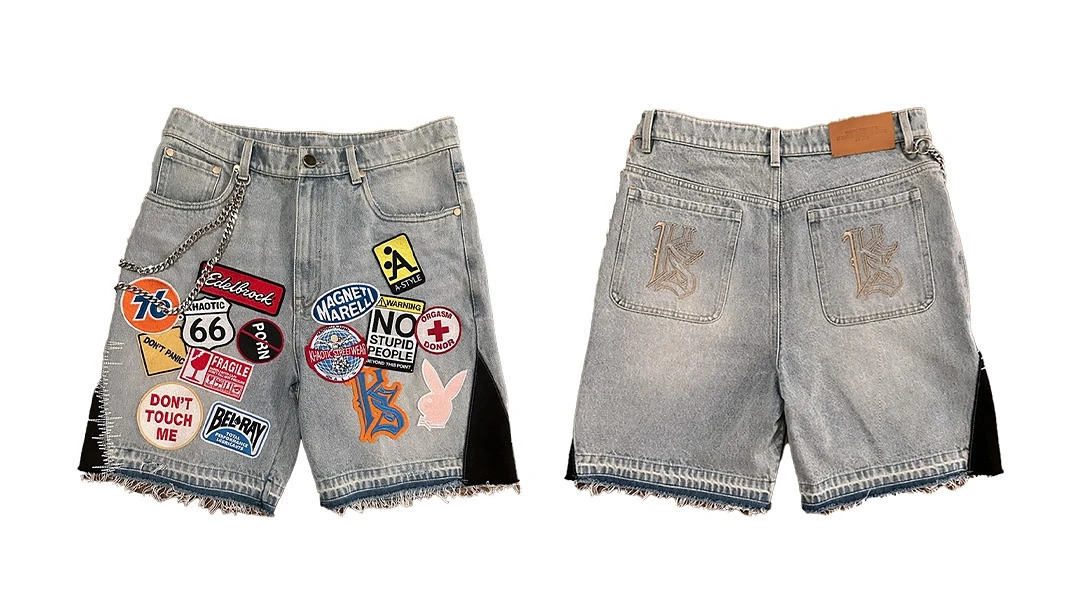 Y2K jeans mens hiphop cartoon graphic streetwear retro patch work denim shorts blue loose fitness casual 250317