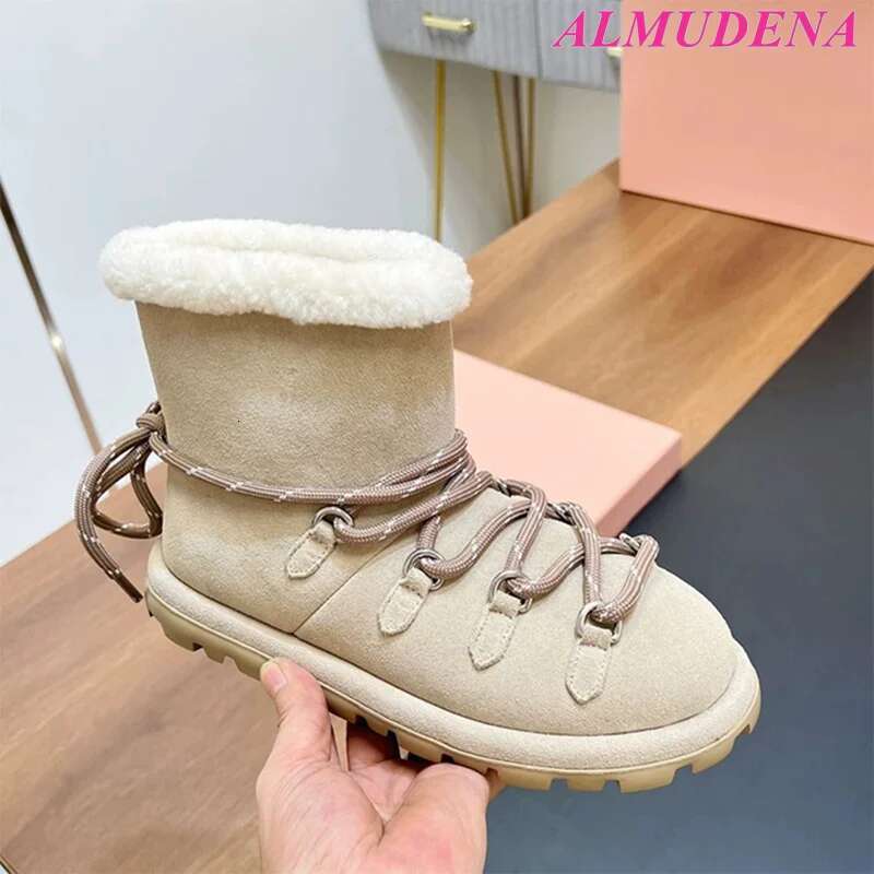 Black/Brown Flats Lace Up Snow Boots Women's Suede Fur Winter Warm Round Toe Soft Booties Designer Causal Dress Shoes