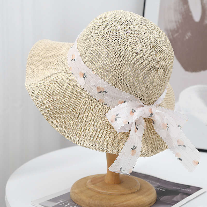 Wave edged large eave fisherman for women in summer, thin knit, breathable, fashionable, polka dot bow ribbon sun protection hat